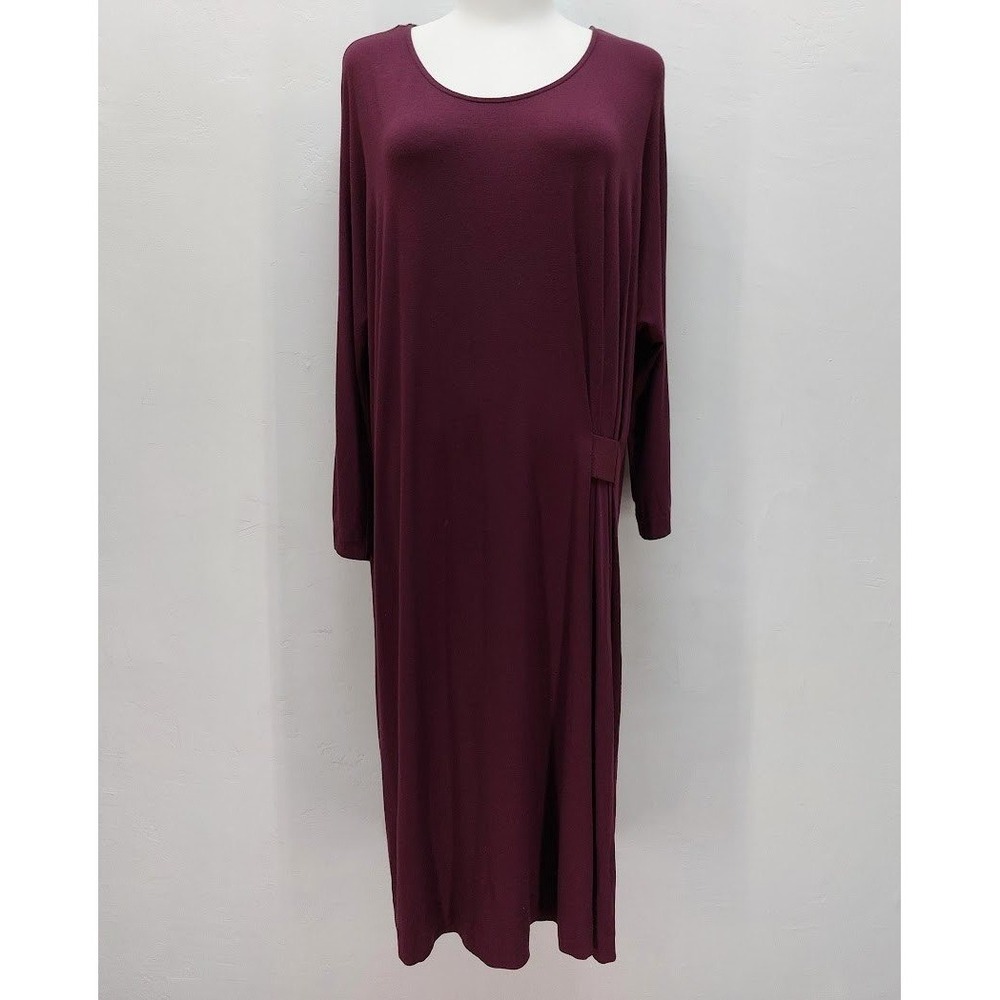 COS Midi Dress Women's Burgundy Viscose Jersey Long Sleeve Side Gathered Large